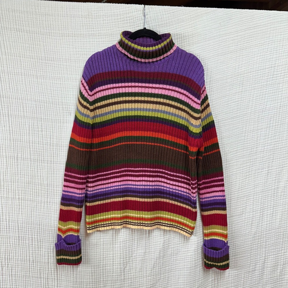 Vintage 2000 Stripe Turtleneck Knit Sweater Rainbow Fall Y2K Rolled Sleeve XL